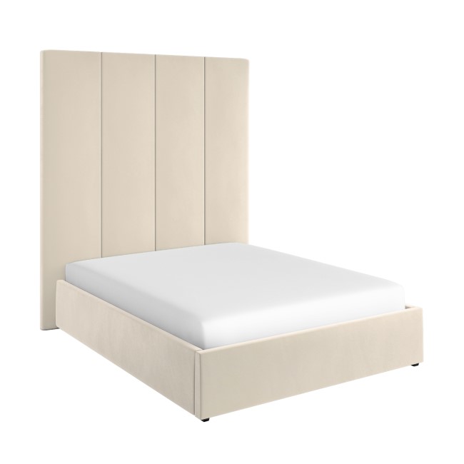 Beige Velvet King Size Ottoman Bed with Wall-Mounted Headboard - Alisha