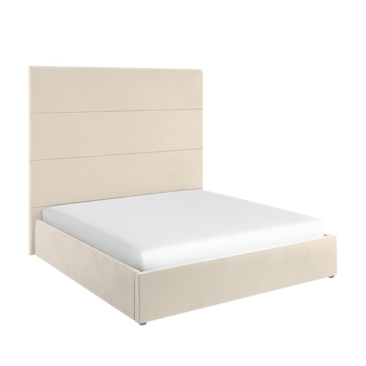 Beige Velvet Super King Ottoman Bed with Wall-Mounted Headboard - Alisha