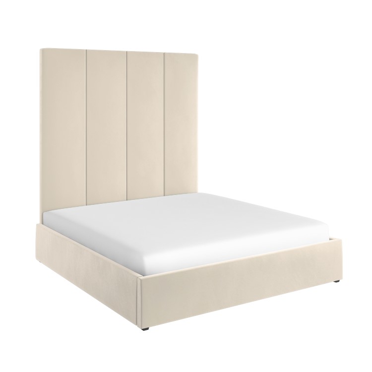 Beige Velvet Super King Ottoman Bed with Wall-Mounted Headboard - Alisha