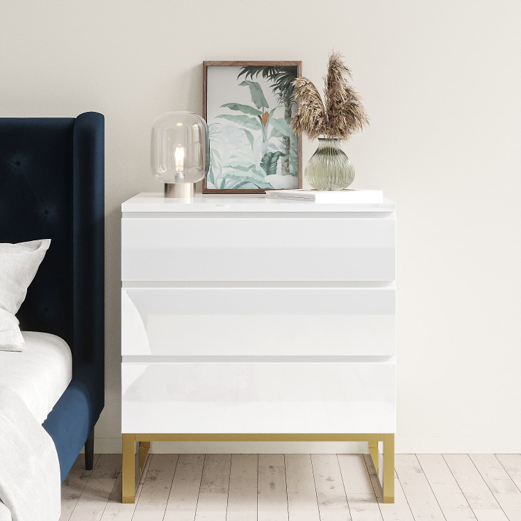 White High Gloss Chest of 3 Drawers with Legs - Alina