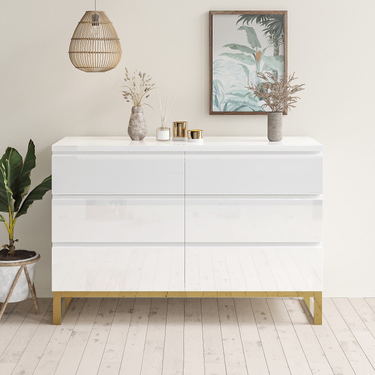 Wide White High Gloss Chest of 6 Drawers with Legs - Alina