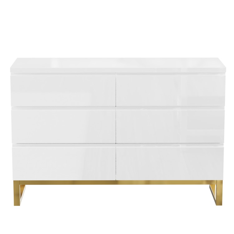 Wide White High Gloss Chest of 6 Drawers with Legs - Alina