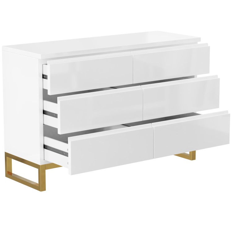 Wide White High Gloss Chest of 6 Drawers with Legs - Alina