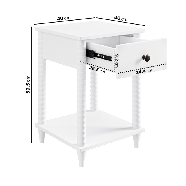 GRADE A1 - White Bobbin Bedside Table with Drawer and Shelf - Alma