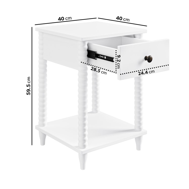 White Bobbin Bedside Table with Drawer and Shelf - Alma