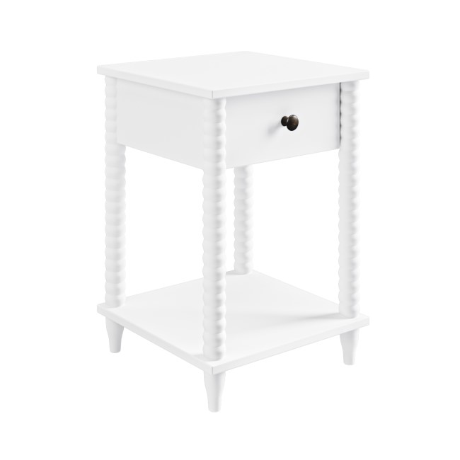 GRADE A1 - White Bobbin Bedside Table with Drawer and Shelf - Alma