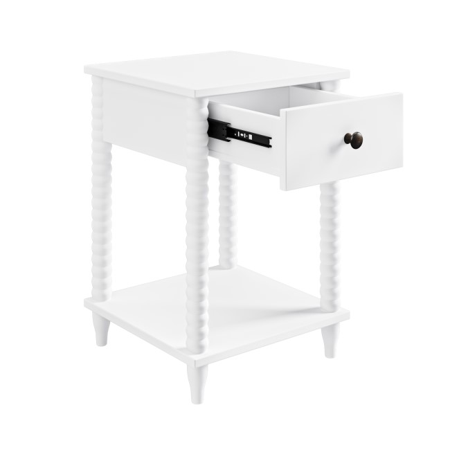 GRADE A1 - White Bobbin Bedside Table with Drawer and Shelf - Alma