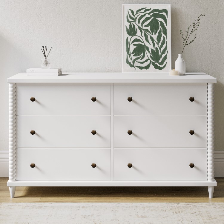 Wide White Bobbin Chest of 6 Drawers - Alma