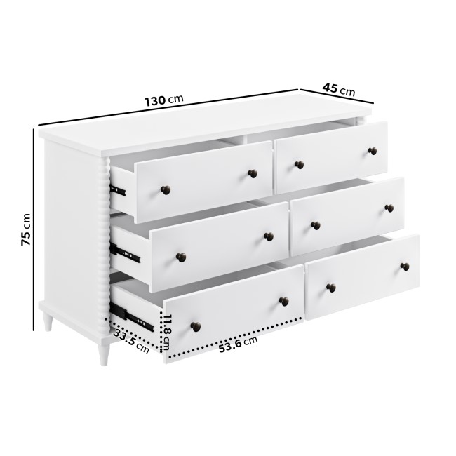 Wide White Bobbin Chest of 6 Drawers - Alma - Furniture123