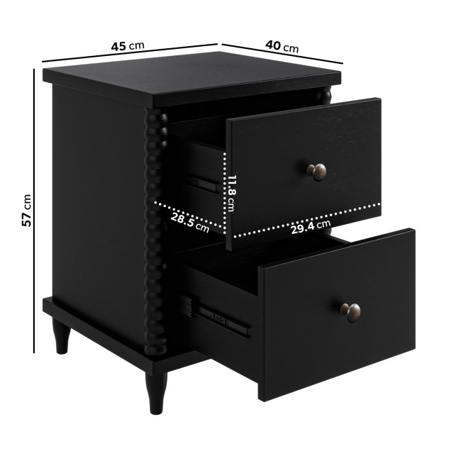 Black 2-Drawer Bobbin Bedside Table - Alma