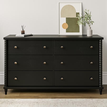 Wide Black Bobbin Chest Of 6 Drawers - Alma - Furniture123