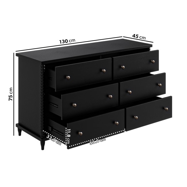 Wide Black Bobbin Chest of 6 Drawers - Alma