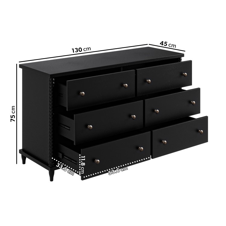 Wide Black Bobbin Chest of 6 Drawers - Alma