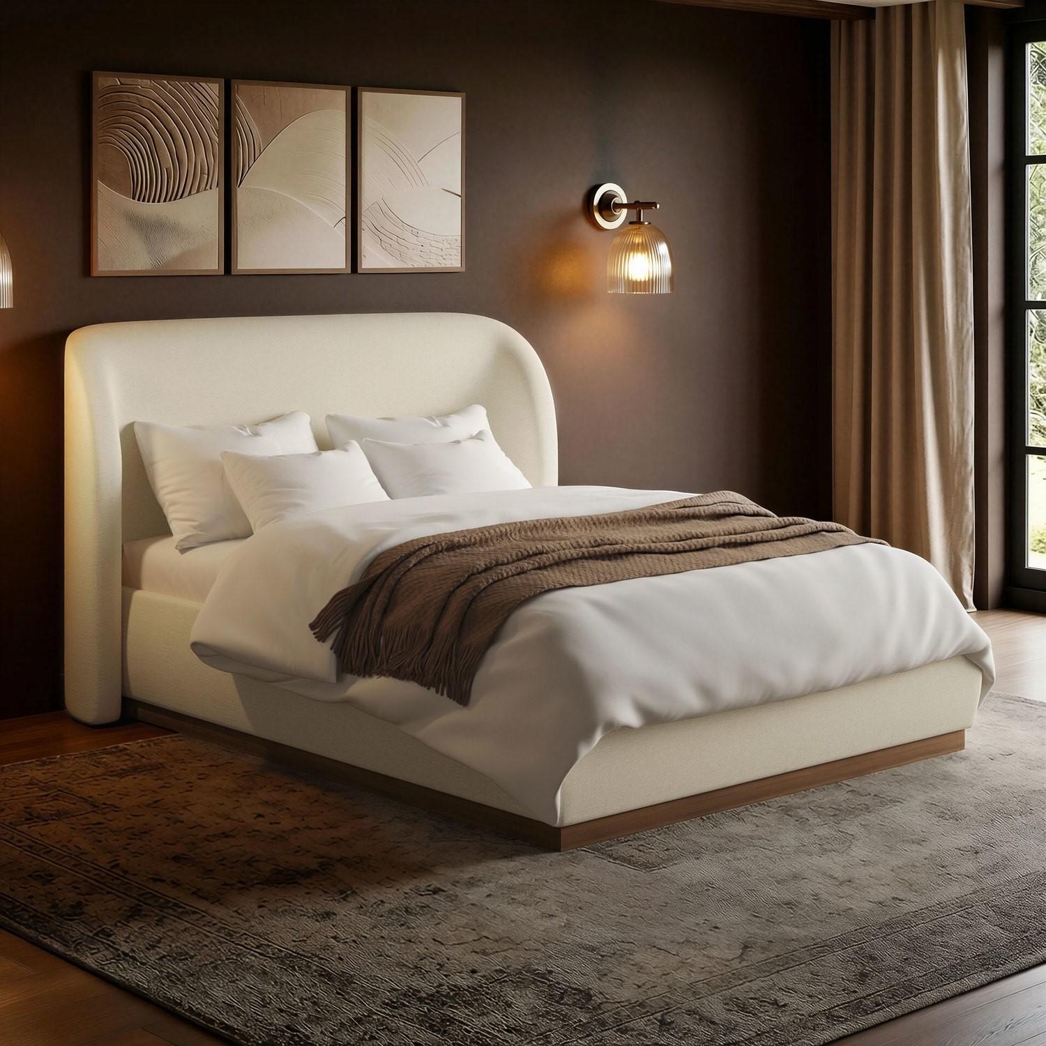 Upholstered Double Ottoman Bed Curved Headboard