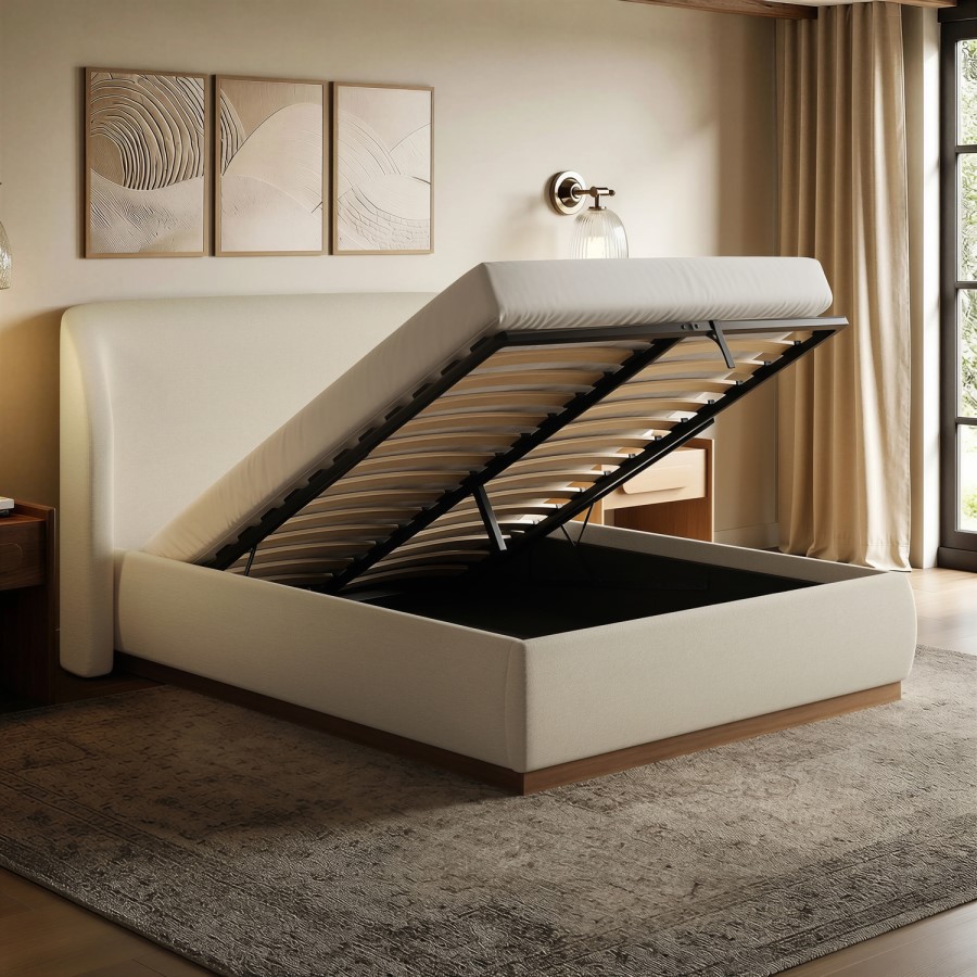 Cream Textured Double Ottoman Bed with Curved Headboard - Adelyn