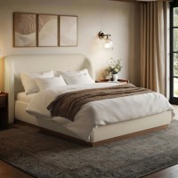 Cream Textured King Size Ottoman Bed with Curved Headboard - Adelyn