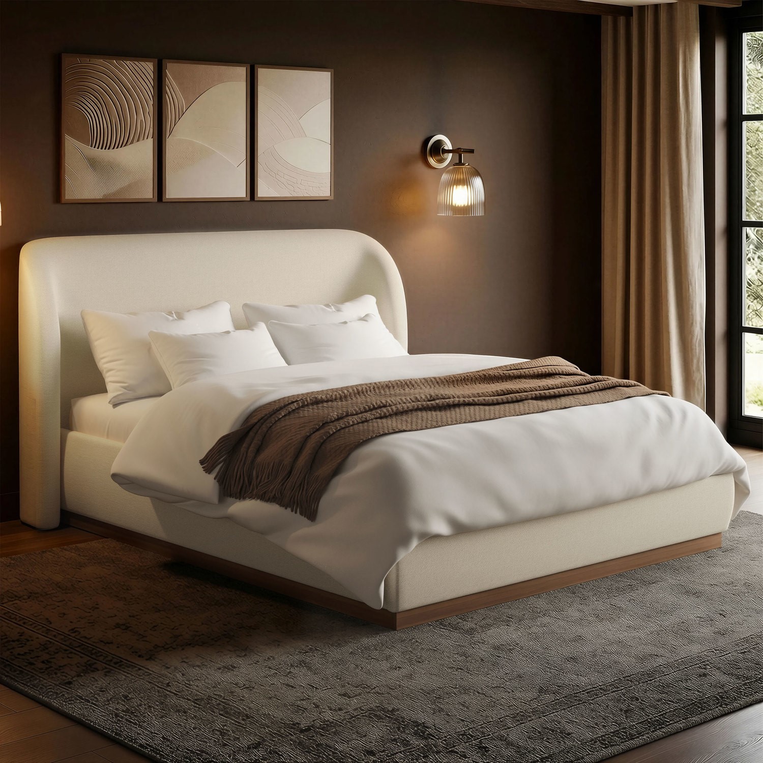 Upholstered King Ottoman Bed Curved Headboard