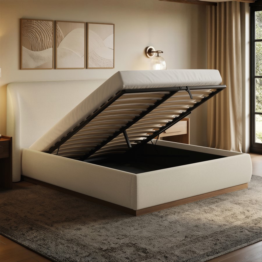 Cream Textured King Size Ottoman Bed with Curved Headboard - Adelyn