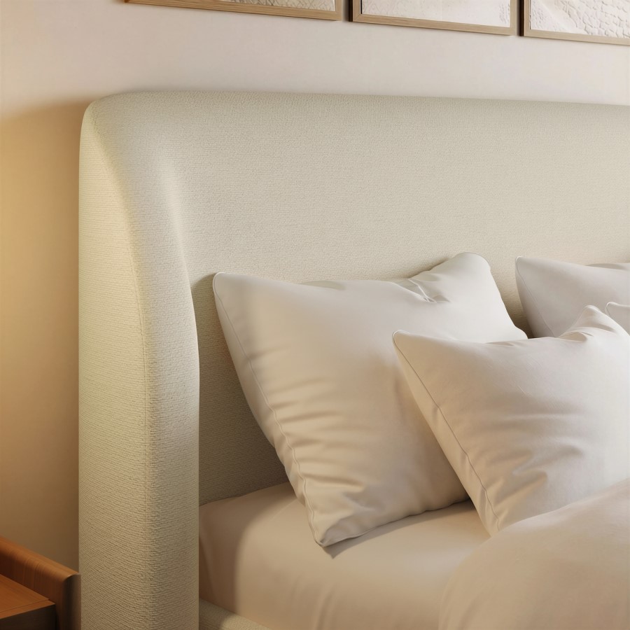 Cream Textured King Size Ottoman Bed with Curved Headboard - Adelyn