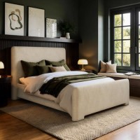 Beige Upholstered Double Ottoman Bed with Soft Curved Headboard and Footboard - Althea