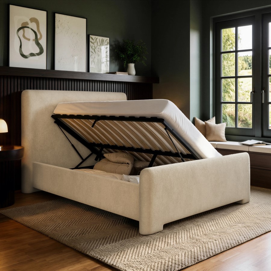 Beige Upholstered Double Ottoman Bed with Soft Curved Headboard and Footboard - Althea