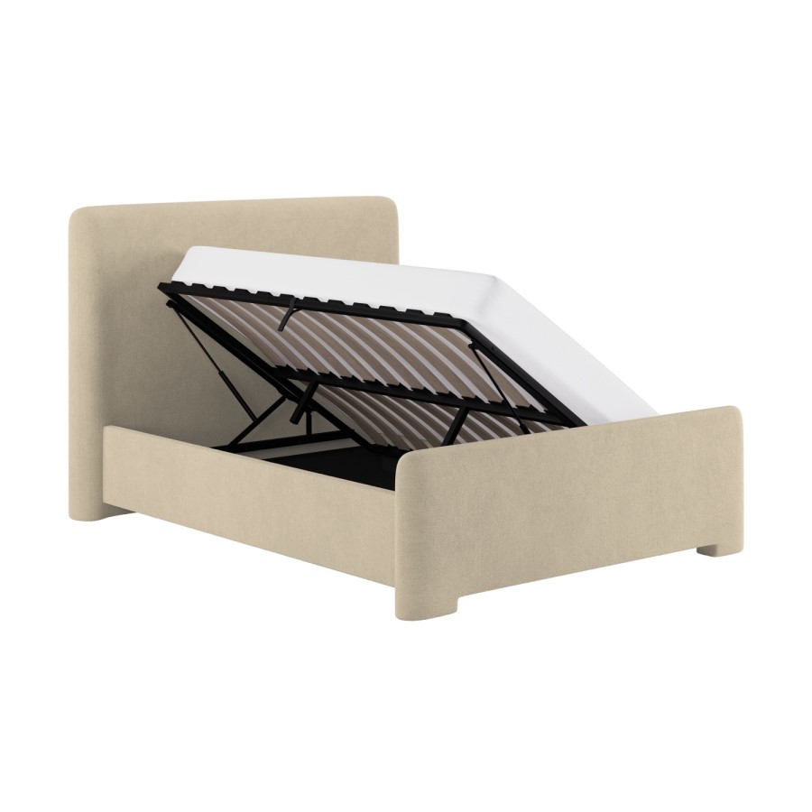 Beige Upholstered Double Ottoman Bed with Soft Curved Headboard and Footboard - Althea