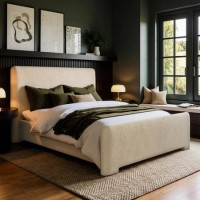 Beige Upholstered King Size Ottoman Bed with Soft Curved Headboard and Footboard - Althea