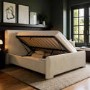Beige Upholstered King Size Ottoman Bed with Soft Curved Headboard and Footboard - Althea