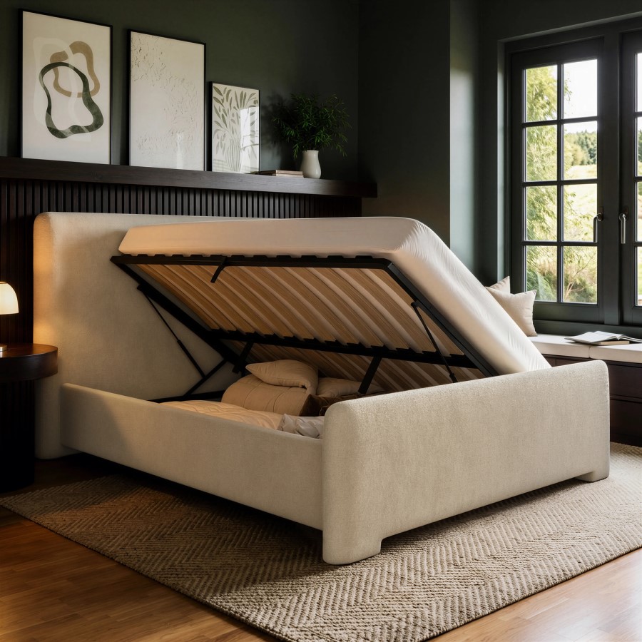 Beige Upholstered King Size Ottoman Bed with Soft Curved Headboard and Footboard - Althea