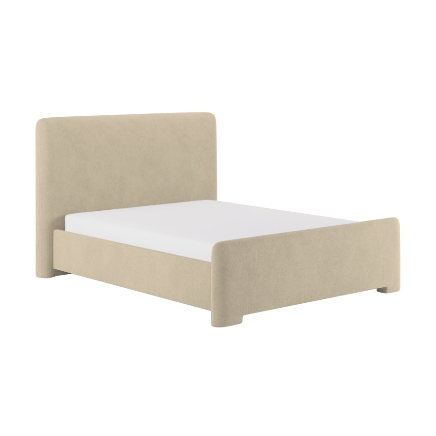 Beige Upholstered King Size Ottoman Bed with Soft Curved Headboard and Footboard - Althea