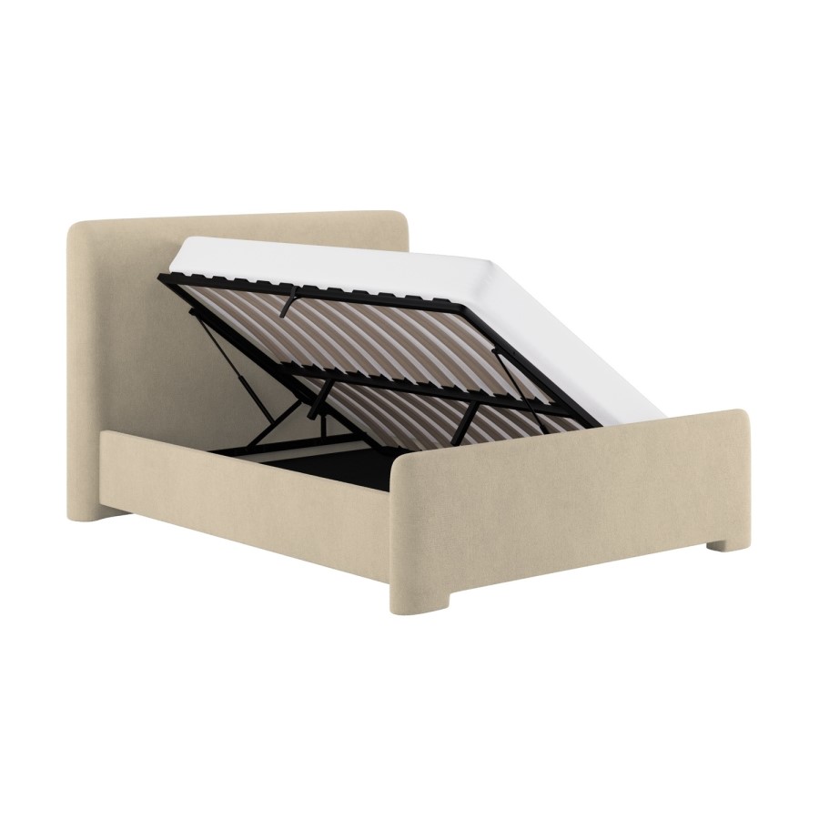 Beige Upholstered King Size Ottoman Bed with Soft Curved Headboard and Footboard - Althea