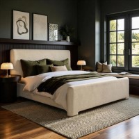 Beige Upholstered Super King Ottoman Bed with Soft Curved Headboard and Footboard - Althea