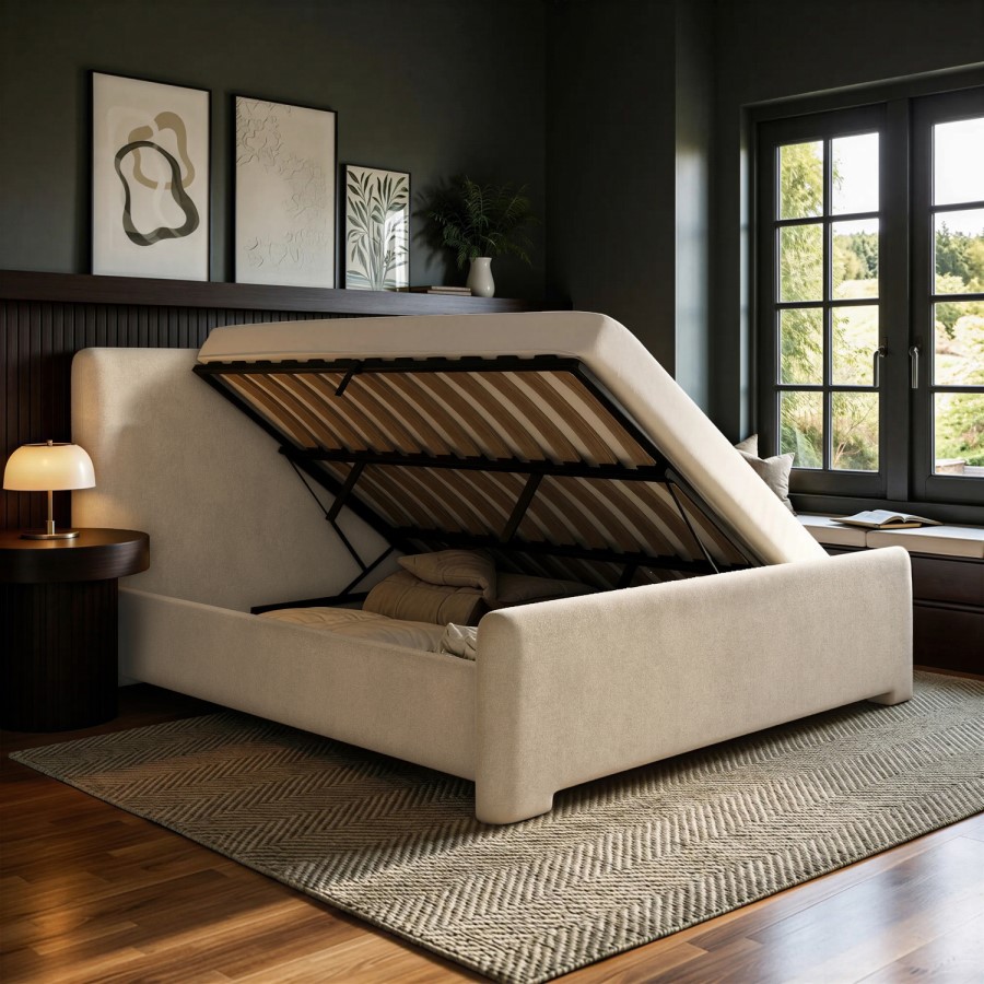 Beige Upholstered Super King Ottoman Bed with Soft Curved Headboard and Footboard - Althea