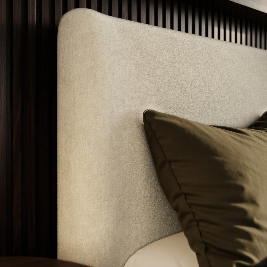 Beige Upholstered Super King Ottoman Bed with Soft Curved Headboard and Footboard - Althea