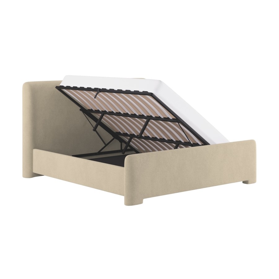 Beige Upholstered Super King Ottoman Bed with Soft Curved Headboard and Footboard - Althea