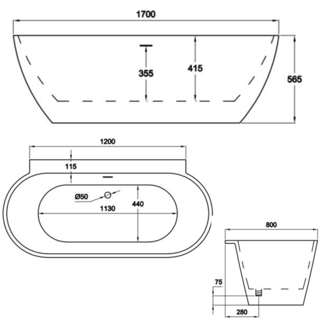 Freestanding Double Ended Back to Wall Bath 1700 x 800mm - Alto