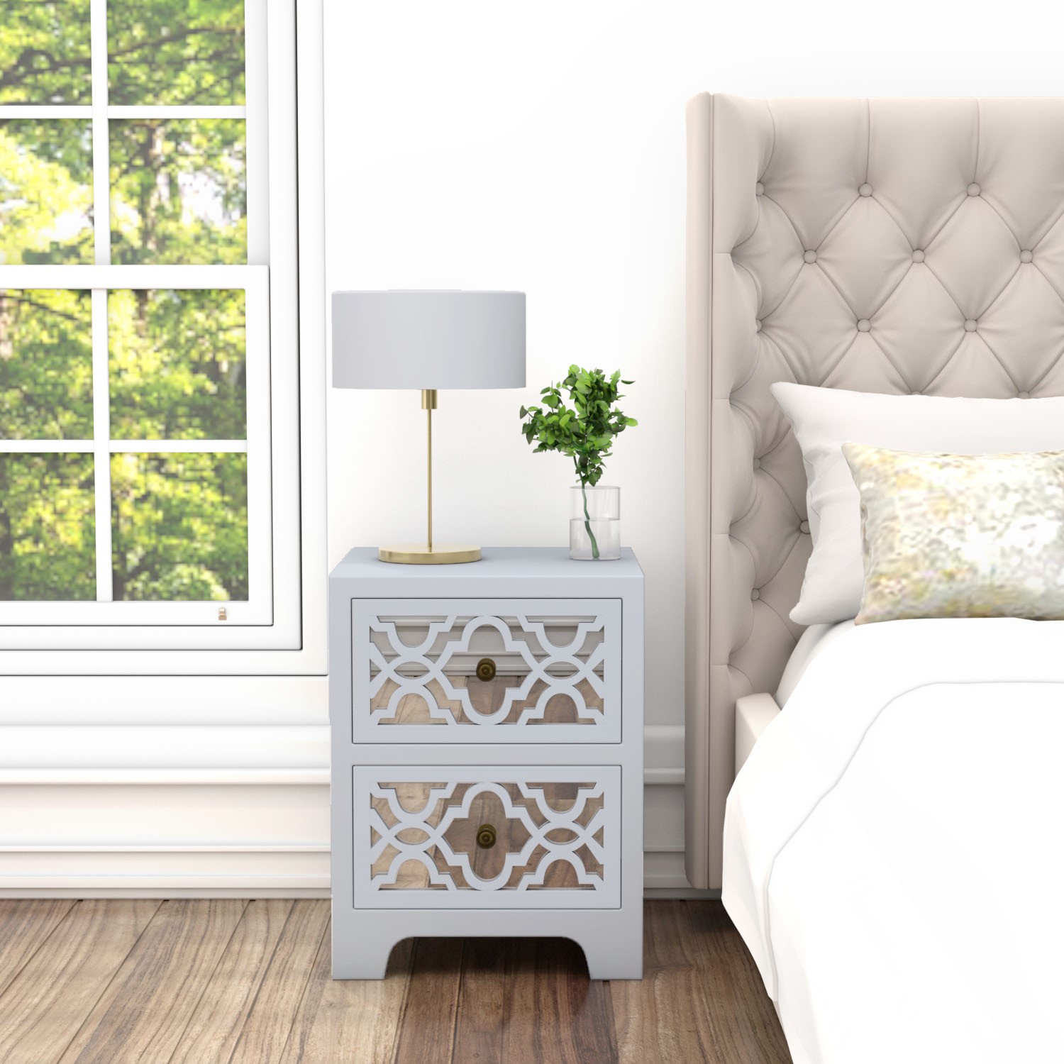 Alexis Mirrored 2 Drawer Bedside Table In Pale Grey With Carved Detail Furniture123 Alexis Mirrored 2 Drawer Bedside Table In Pale Grey With Carved Detail Furniture123
