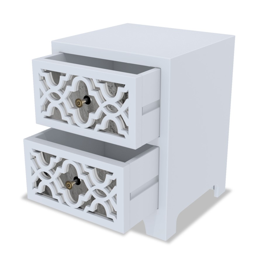 GRADE A2 - Alexis Mirrored 2 Drawer Bedside Table in Pale Grey with Carved Detail