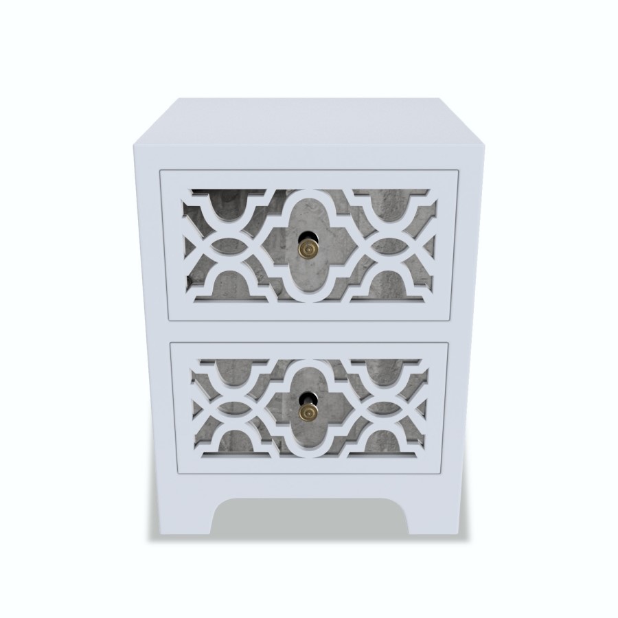 GRADE A2 - Alexis Mirrored 2 Drawer Bedside Table in Pale Grey with Carved Detail