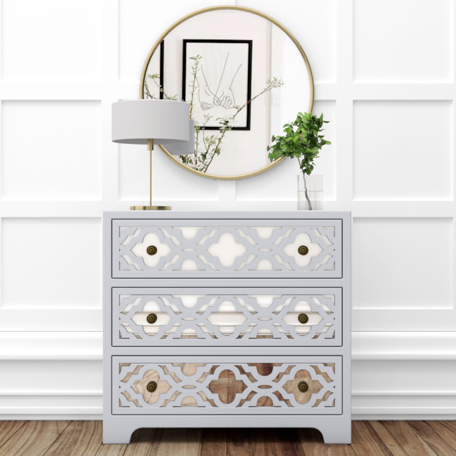 Alexis Mirrored 3 Drawer Chest Of Drawers In Pale Grey With Carved