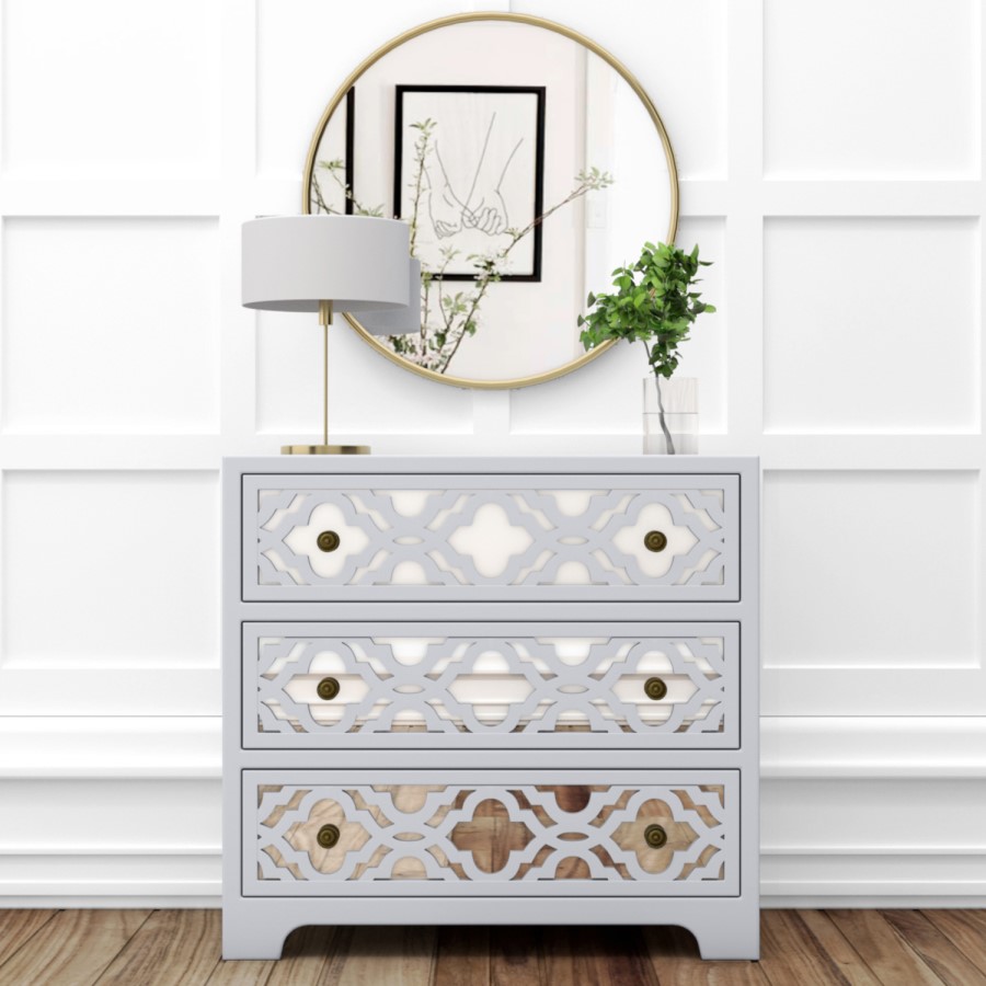 Grey Mirrored Boho Chest of 3 Drawers - Alexis