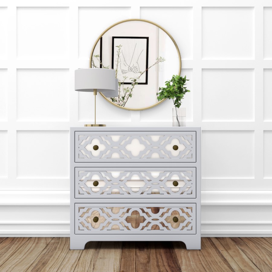 Grey Mirrored Boho Chest of 3 Drawers - Alexis