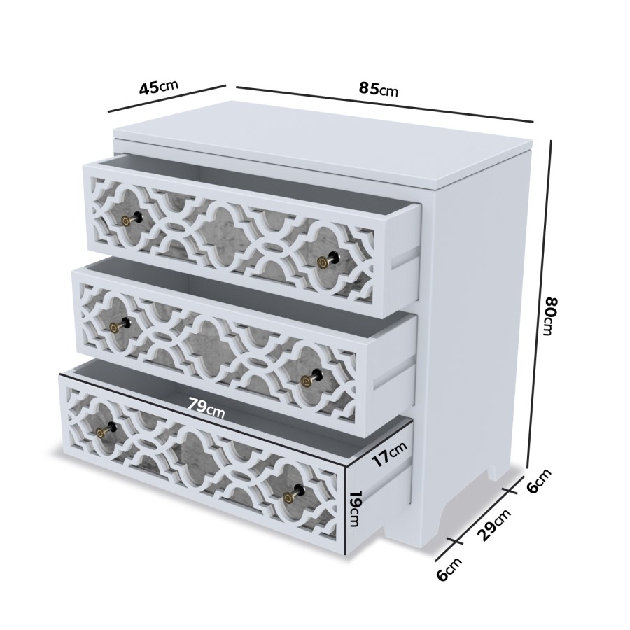 Grey Mirrored Boho Chest of 3 Drawers - Alexis