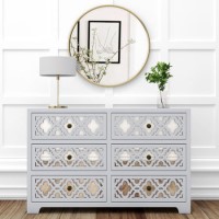 Wide Grey Mirrored Boho Chest of 6 Drawers - Alexis Wide Grey Mirrored Boho Chest of 6 Drawers - Alexis