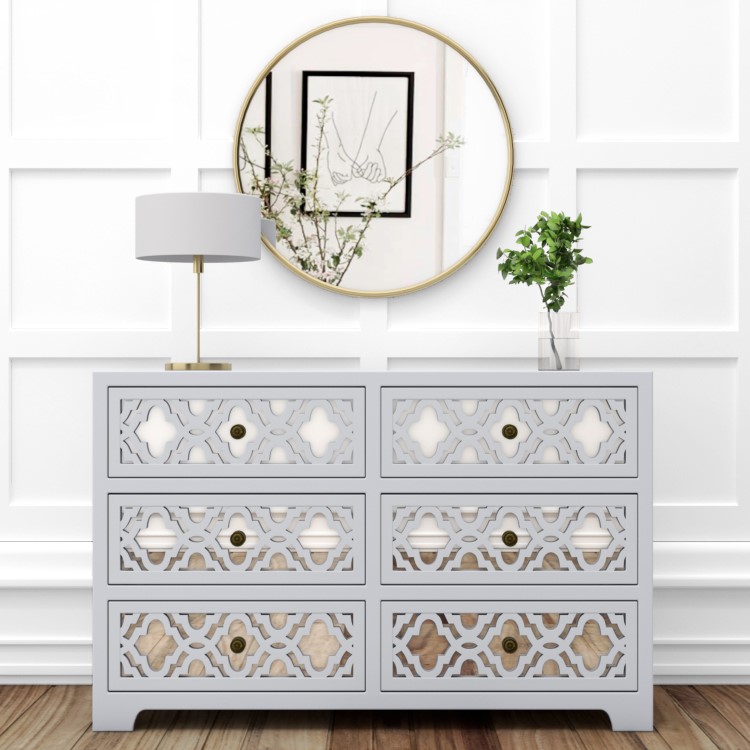 GRADE A1 - Light Grey Boho Wooden Mirrored Wide Chest of 6 Drawers - Alexis