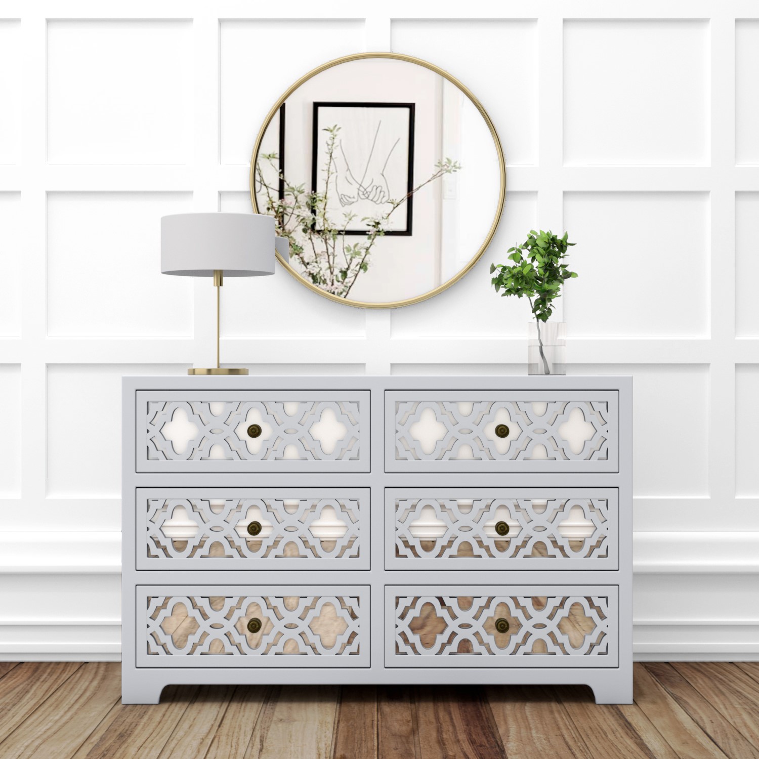 Alexis Mirrored 6 Drawer Chest Of Drawers In Pale Grey With Carved Detail Furniture123