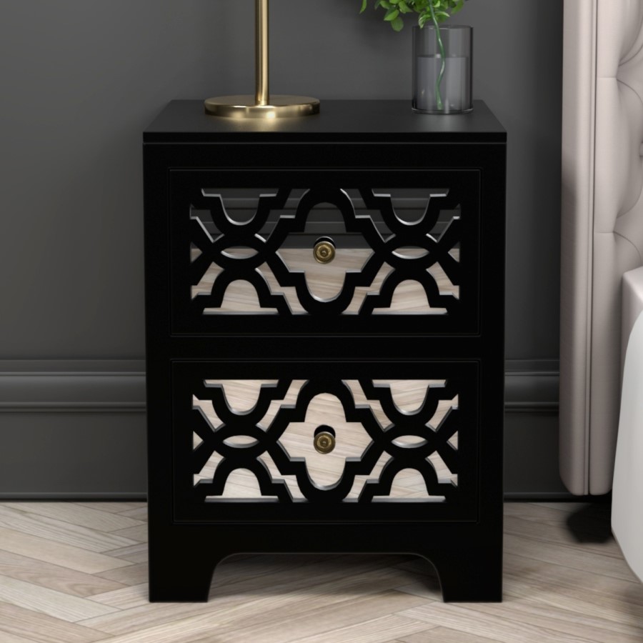 GRADE A1 - Alexis Mirrored 2 Drawer Bedside Table in Black with Carved Detail