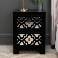 GRADE A1 - Alexis Mirrored 2 Drawer Bedside Table in Black with Carved Detail