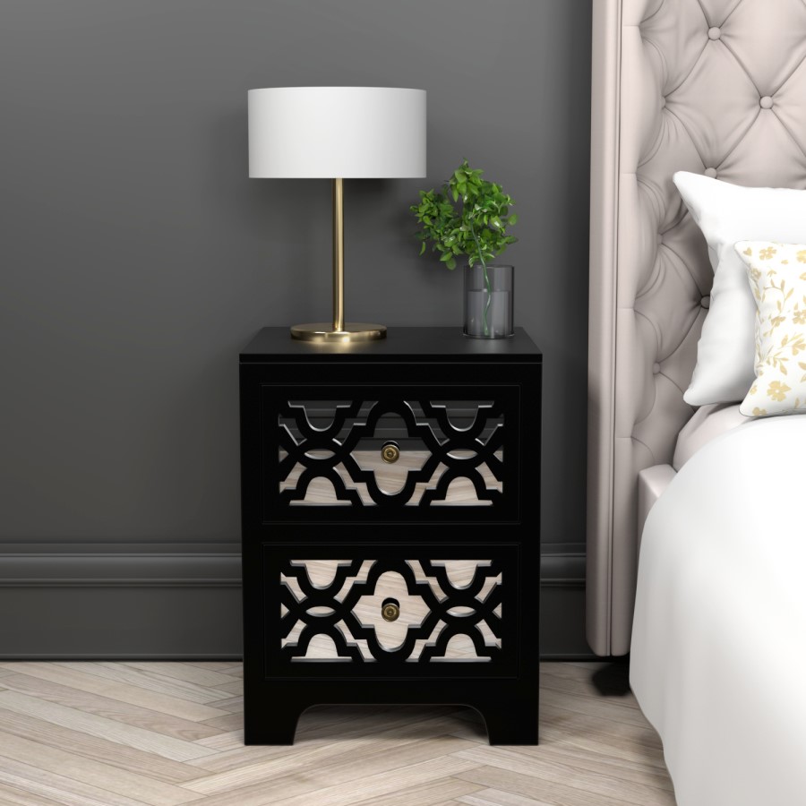 GRADE A1 - Alexis Mirrored 2 Drawer Bedside Table in Black with Carved Detail