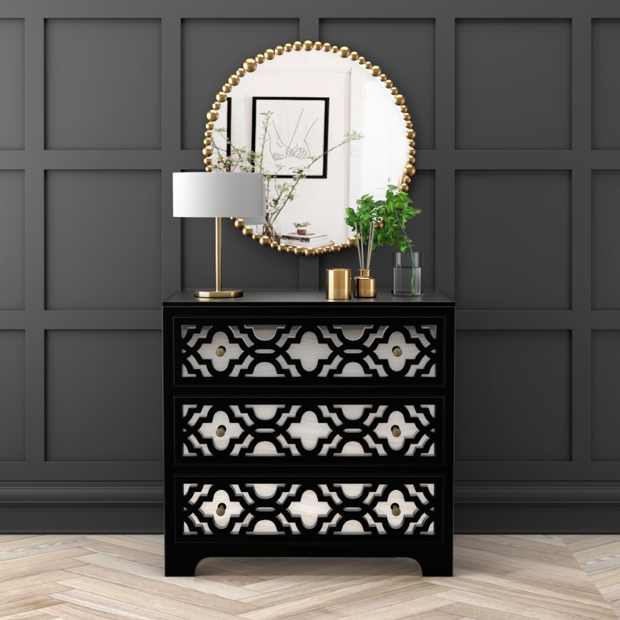 GRADE A2 - Alexis Mirrored 3 Drawer Chest of Drawers in Black with Carved Detail